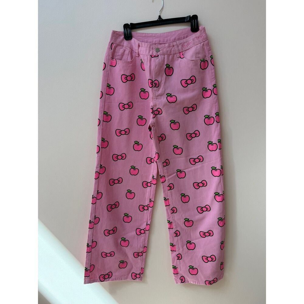 Pink Apples and Bows Cute Wide Leg Hello Kitty Jeans L